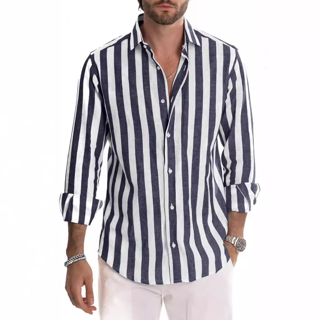 Men Striped Long Sleeve Lapel Shirt Navy White - Image 12