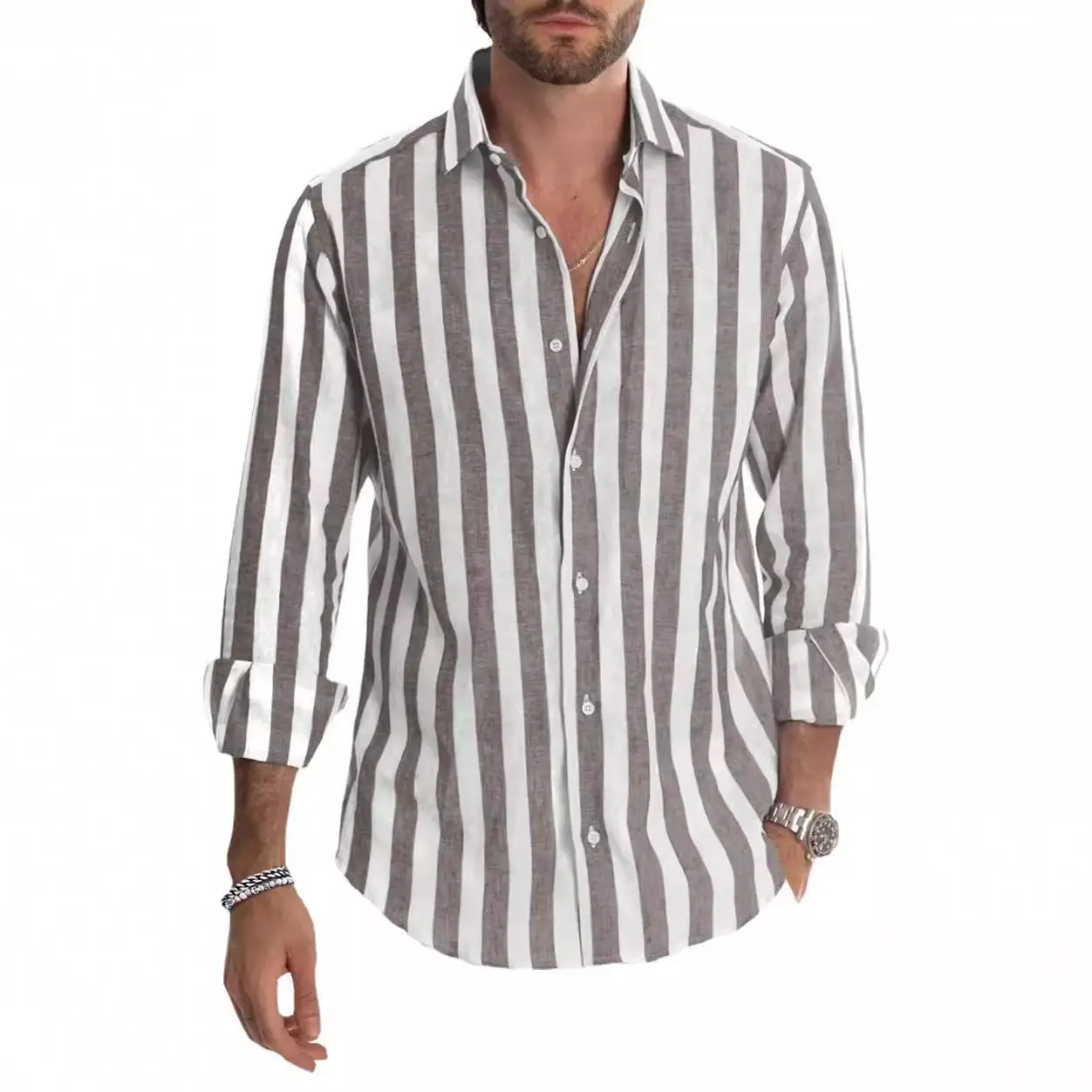 Men Striped Long Sleeve Lapel Shirt Navy White - Image 13