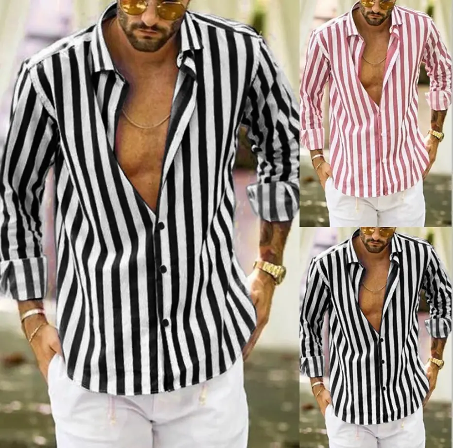 Men Striped Long Sleeve Lapel Shirt Navy White — feature 53