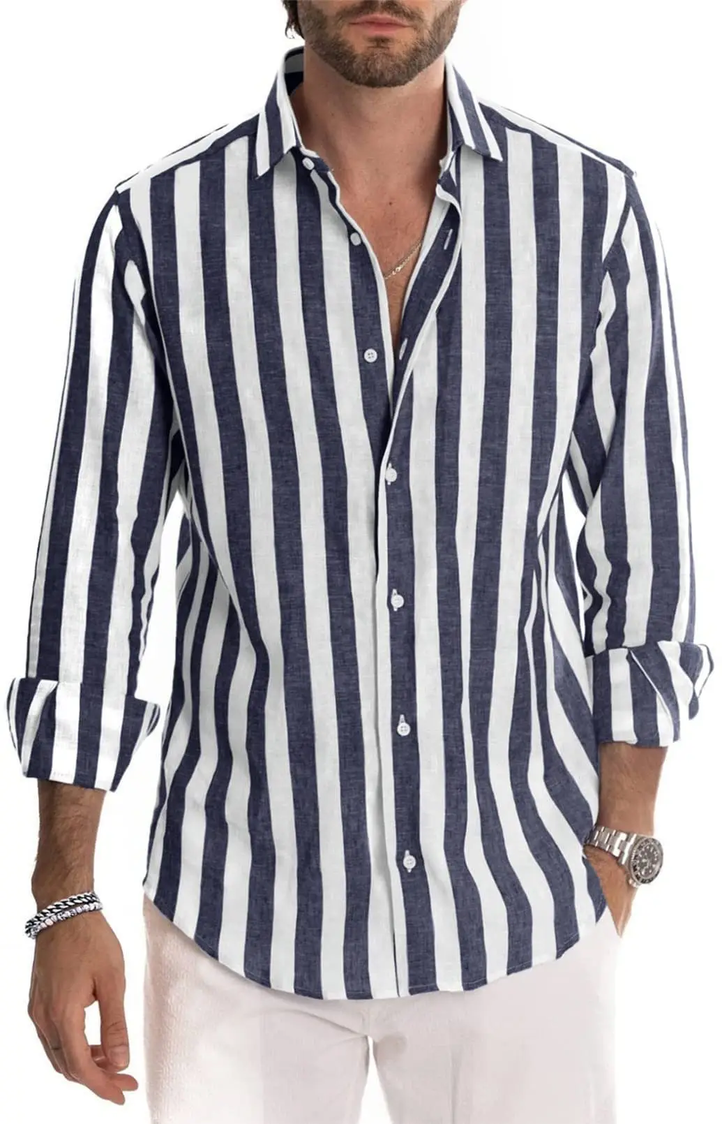 Men Striped Long Sleeve Lapel Shirt Navy White — feature 54