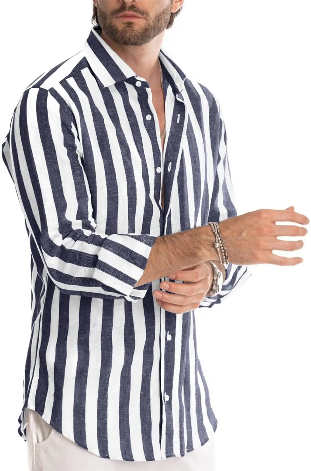 Men Striped Long Sleeve Lapel Shirt Navy White — feature 55