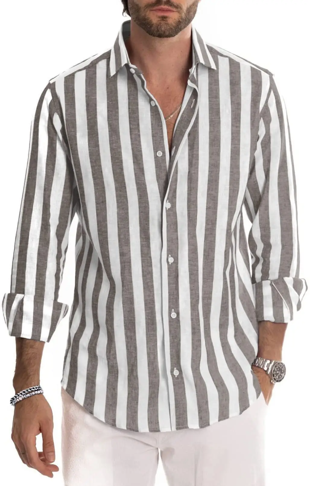 Men Striped Long Sleeve Lapel Shirt Navy White — feature 56