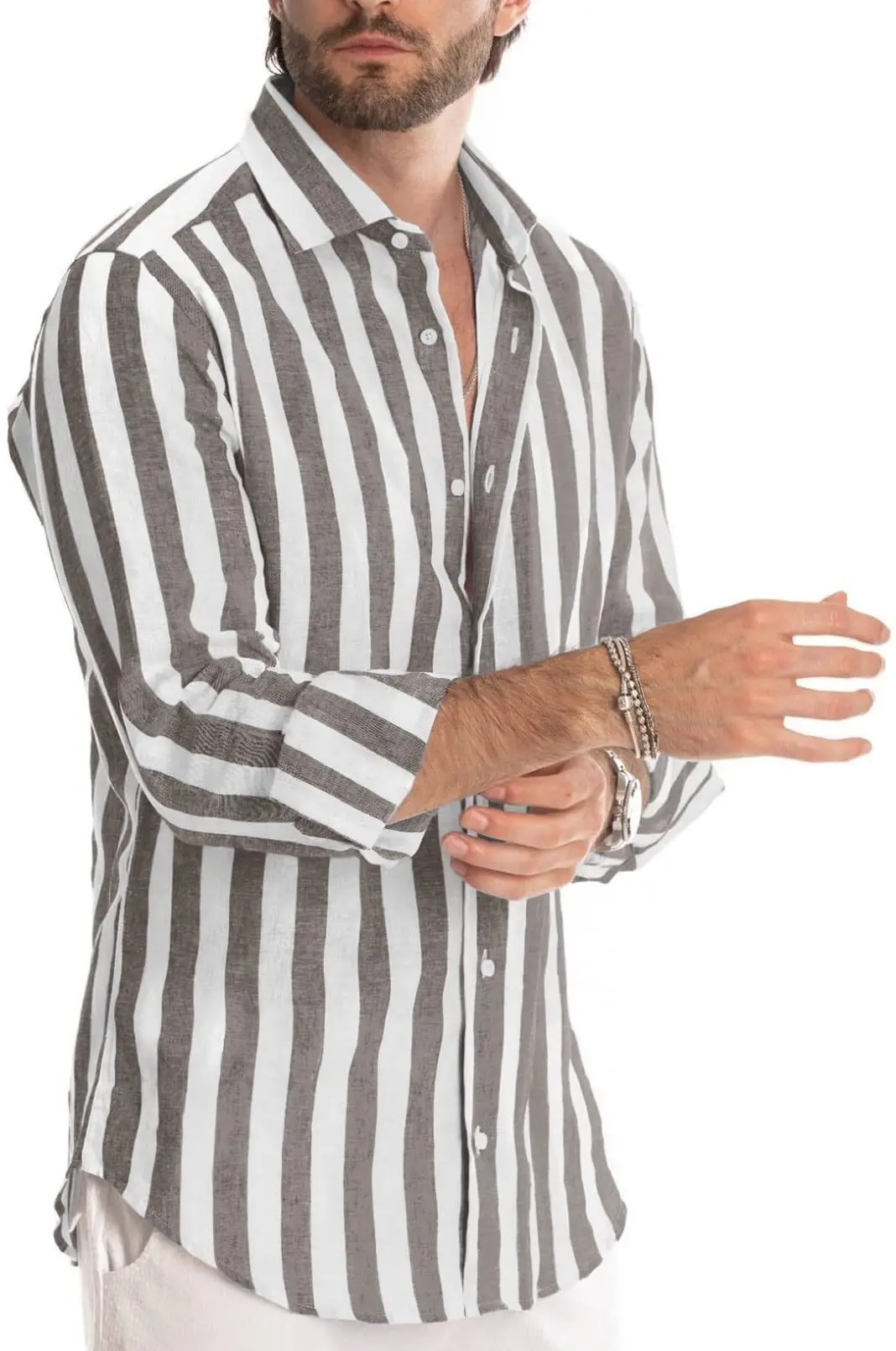 Men Striped Long Sleeve Lapel Shirt Navy White — feature 57