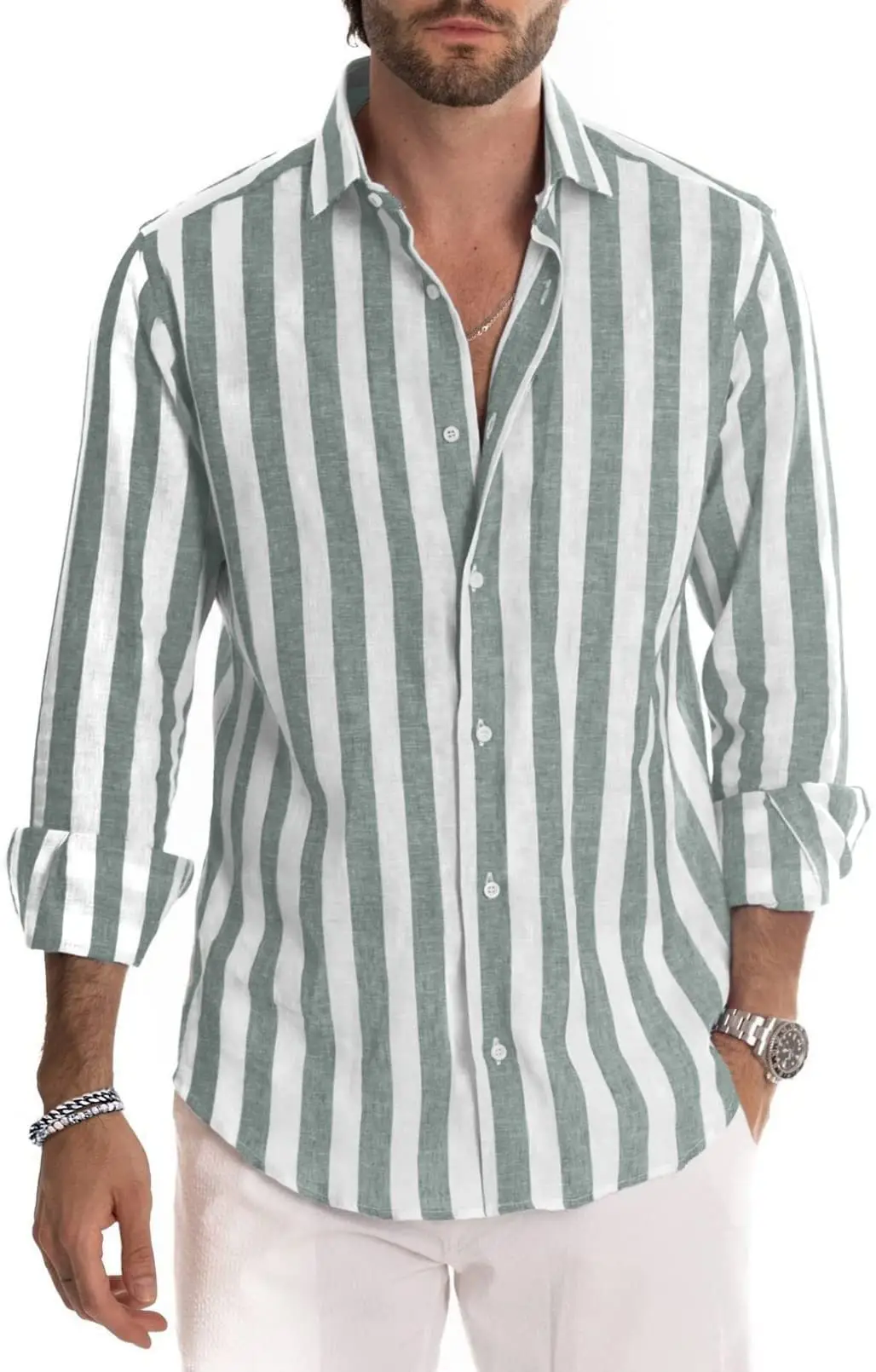 Men Striped Long Sleeve Lapel Shirt Navy White — feature 58