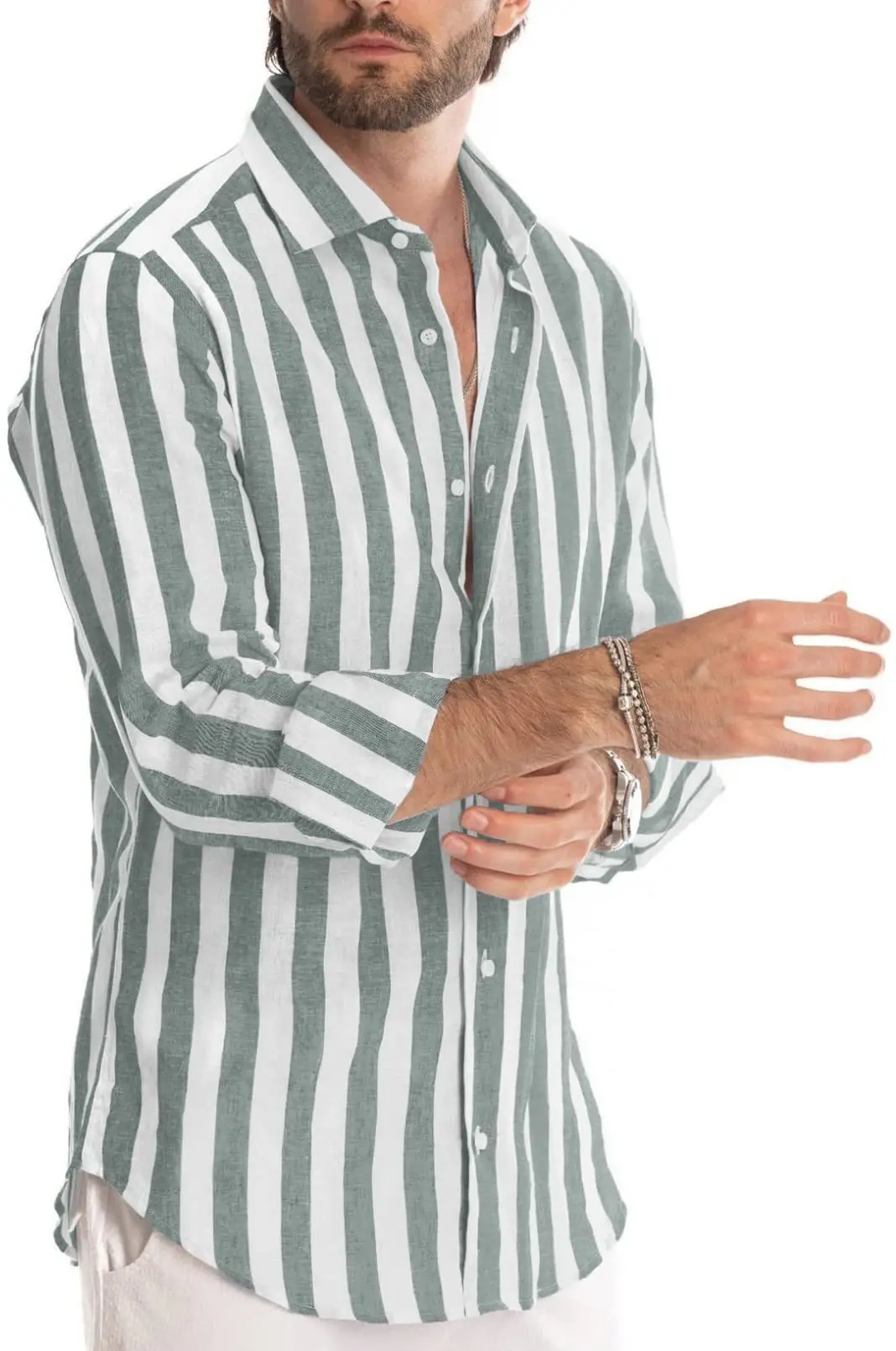 Men Striped Long Sleeve Lapel Shirt Navy White — feature 59