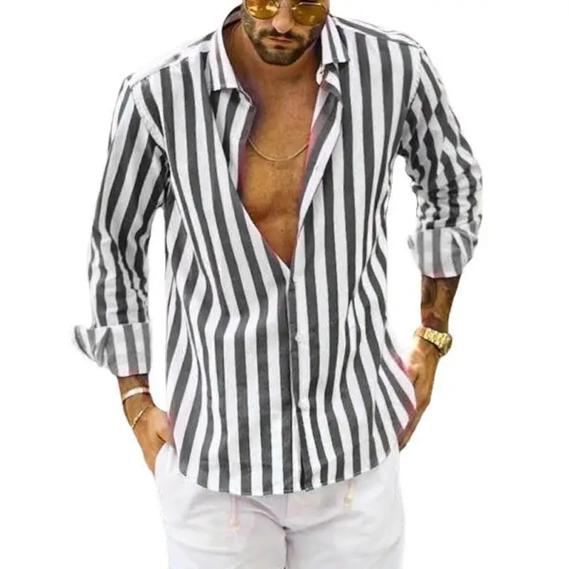 Men Striped Long Sleeve Lapel Shirt Navy White — feature 63