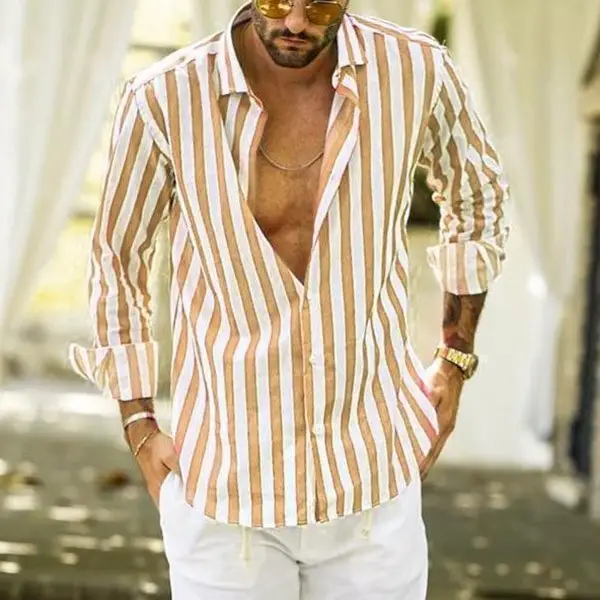 Men Striped Long Sleeve Lapel Shirt Navy White — feature 64