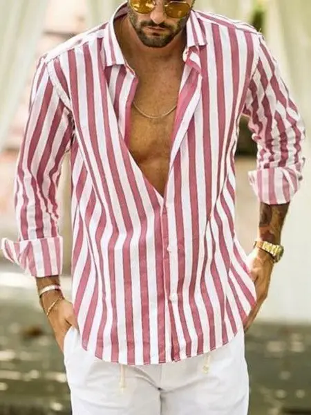 Men Striped Long Sleeve Lapel Shirt Navy White — feature 68