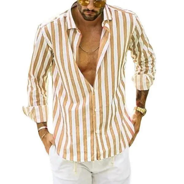 Men Striped Long Sleeve Lapel Shirt Navy White - Image 3