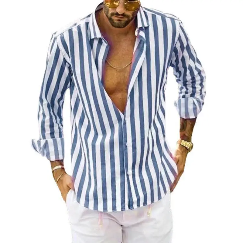 Men Striped Long Sleeve Lapel Shirt Navy White - Image 4
