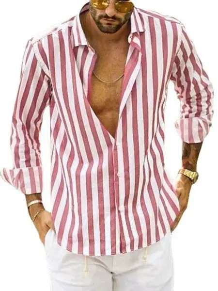 Men Striped Long Sleeve Lapel Shirt Navy White - Image 5