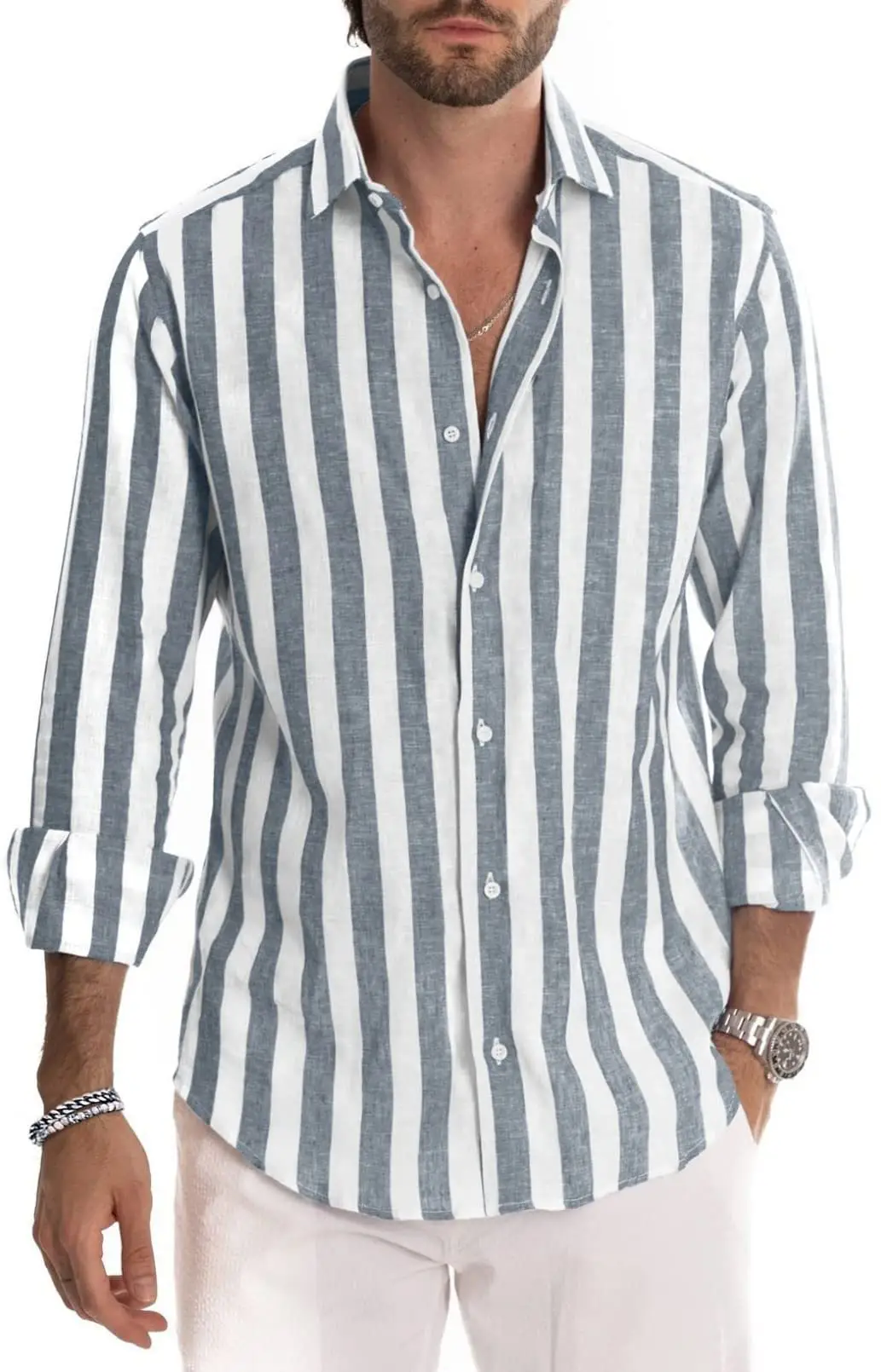 Men Striped Long Sleeve Lapel Shirt Navy White - Image 8