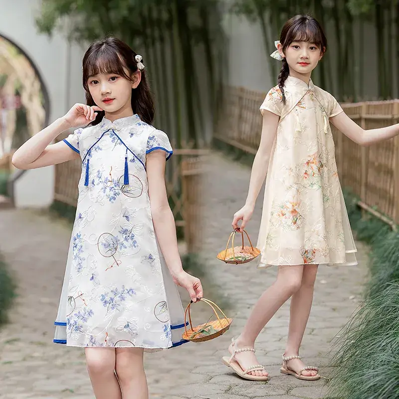 Girls Chinese Tang Suit Cheongsam Dress Blue White - Image 5