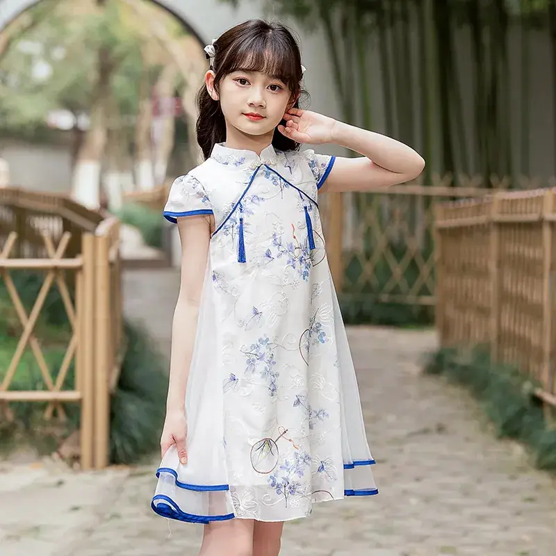 Girls Chinese Tang Suit Cheongsam Dress Blue White - Image 6