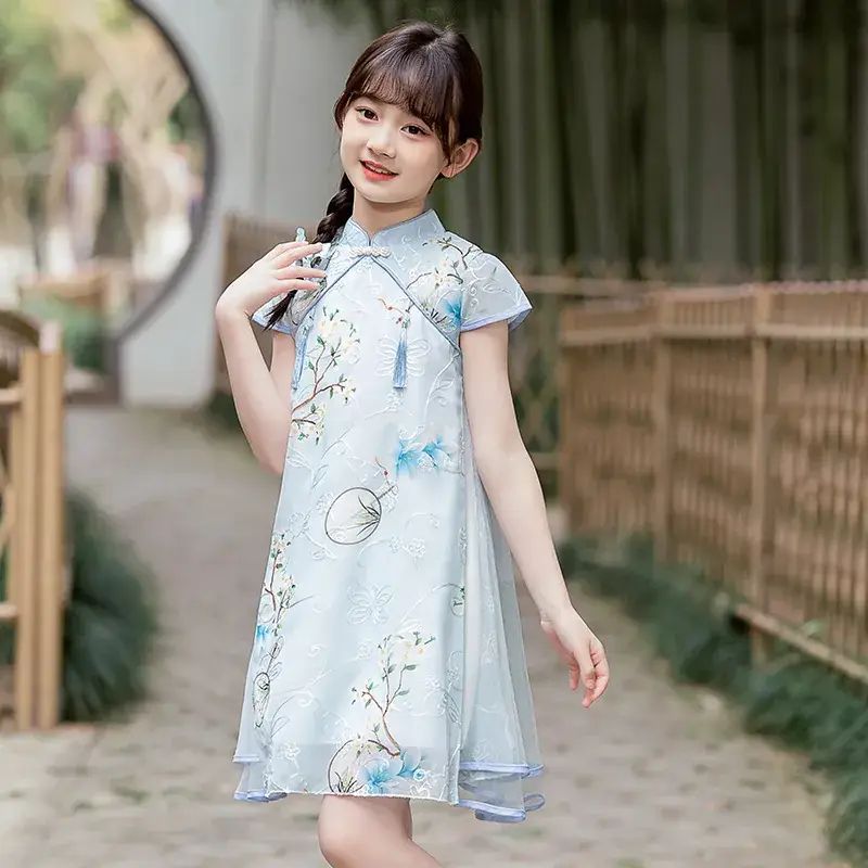 Girls Chinese Tang Suit Cheongsam Dress Blue White - Image 7