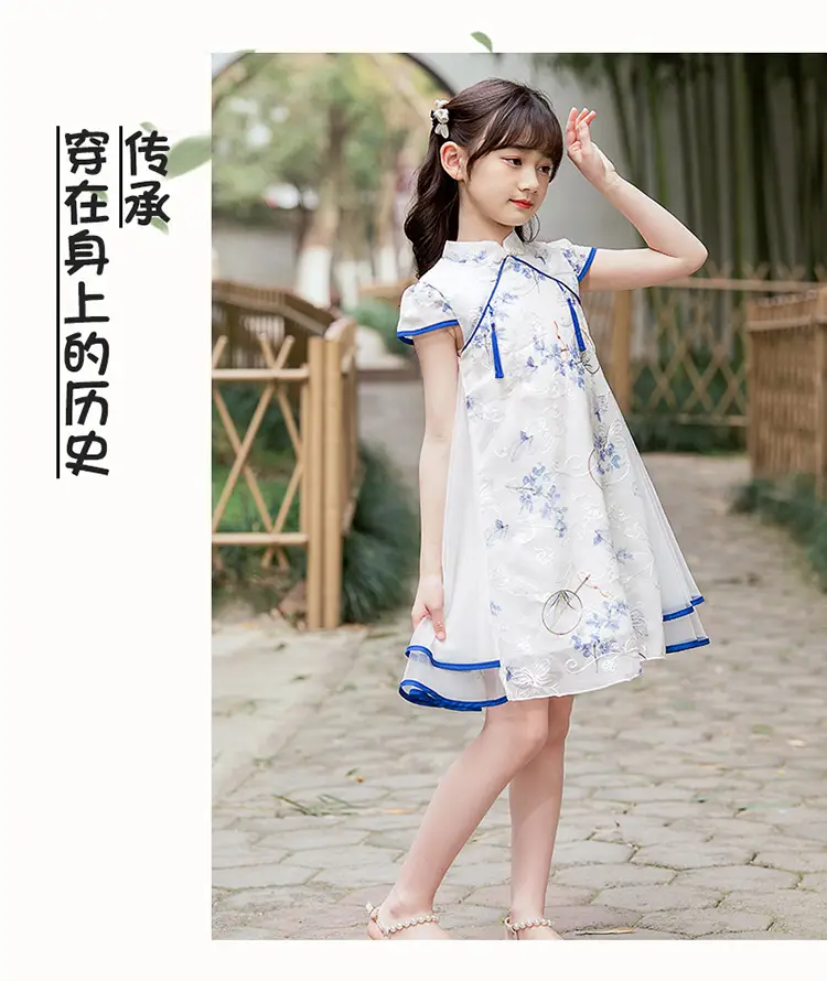 Girls Chinese Tang Suit Cheongsam Dress Blue White — feature 12