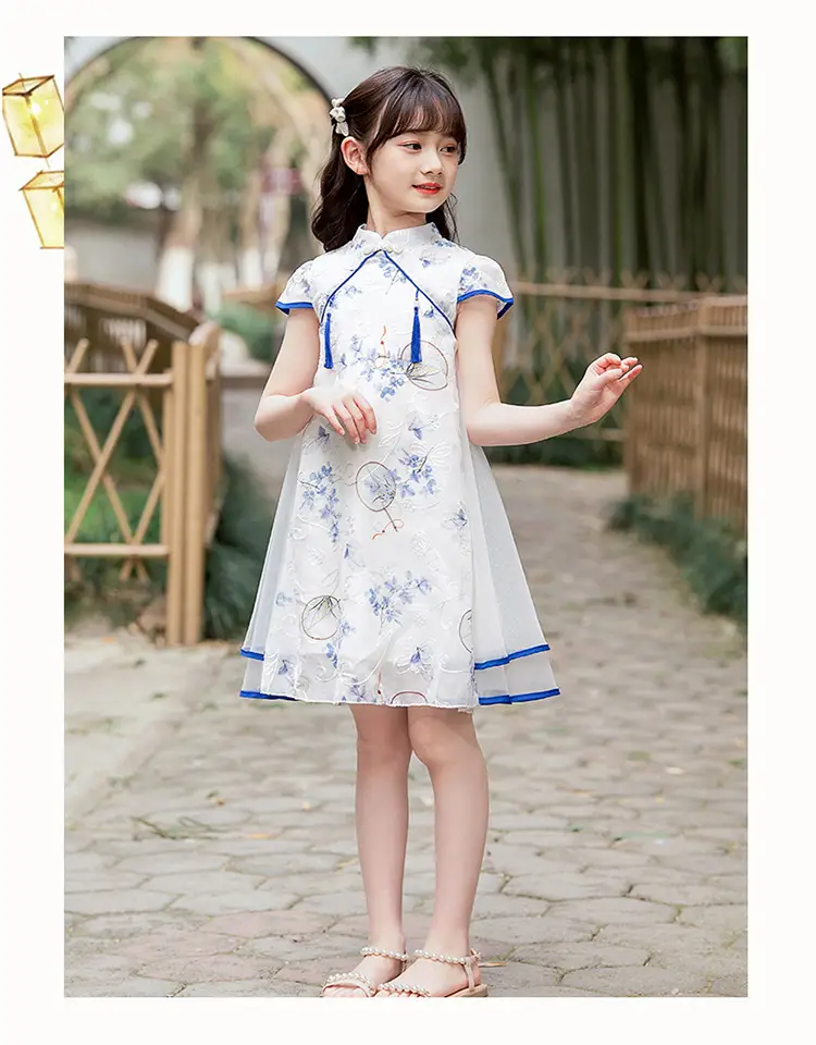 Girls Chinese Tang Suit Cheongsam Dress Blue White — feature 14