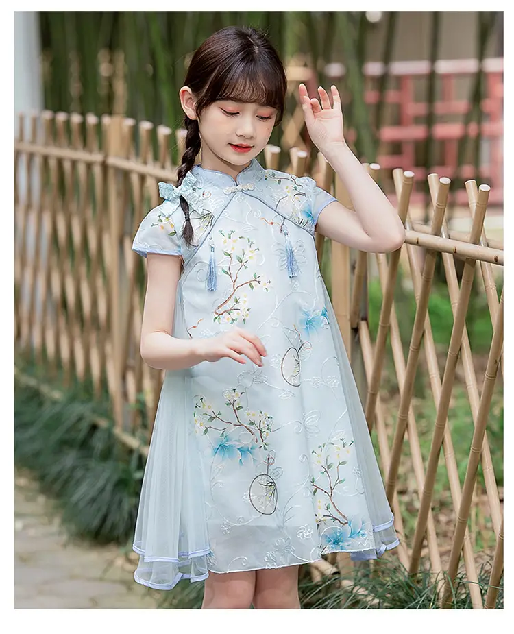 Girls Chinese Tang Suit Cheongsam Dress Blue White — feature 17