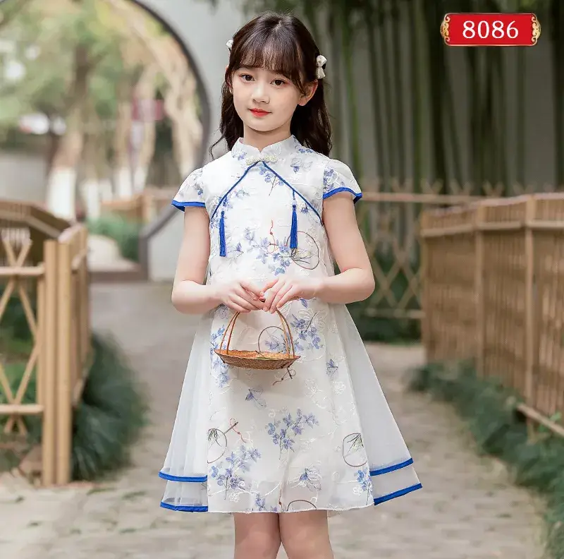 Girls Chinese Tang Suit Cheongsam Dress Blue White - Image 3