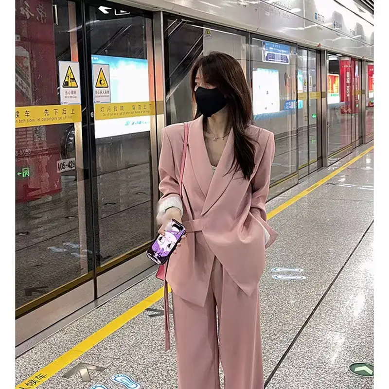Women's 2024 Pink Suit Wide Leg Pants Two-Piece Set — feature 9