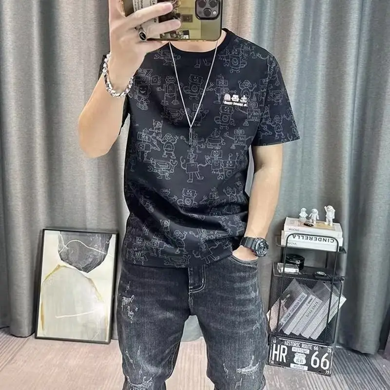 Men's Printed T-Shirt Dark Blue Round Neck Casual Wear