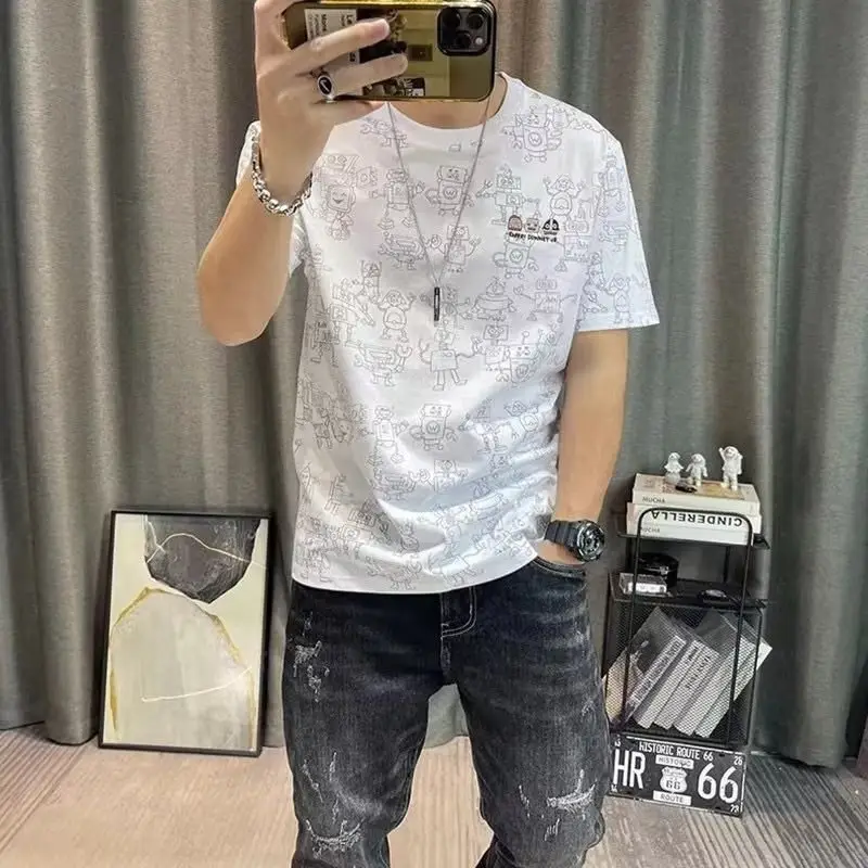 Men's Printed T-Shirt Dark Blue Round Neck Casual Wear