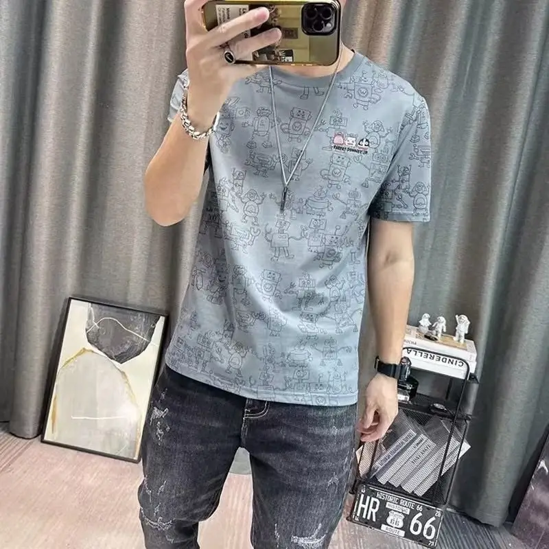 Men's Printed T-Shirt Dark Blue Round Neck Casual Wear