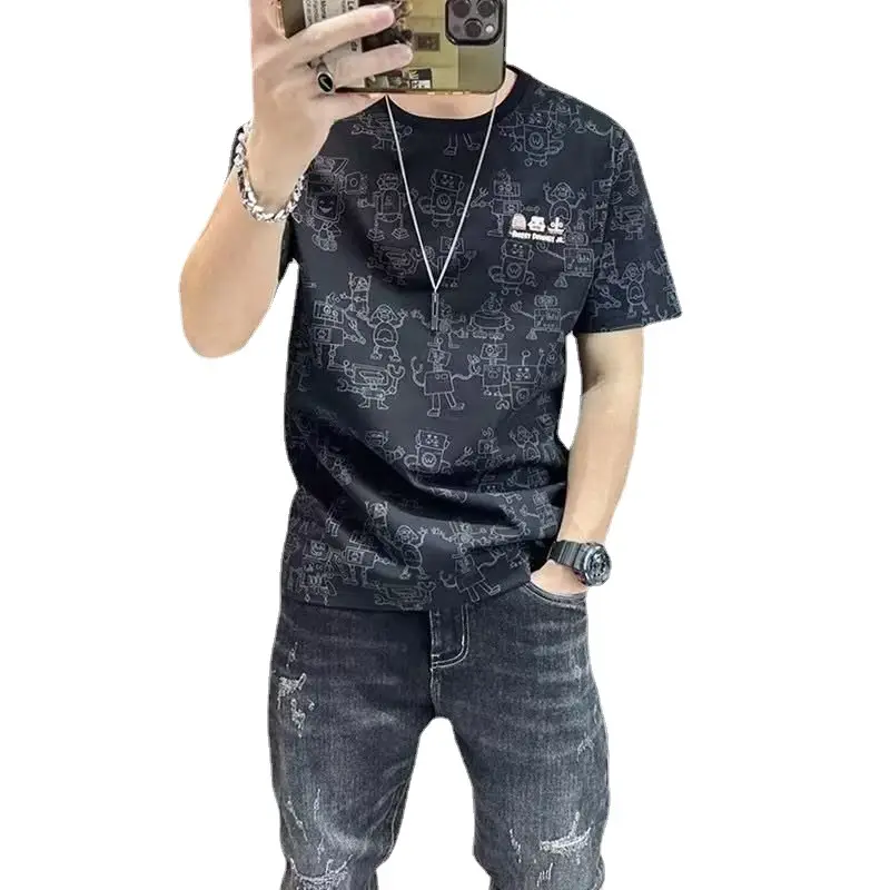Men's Printed T-Shirt Dark Blue Round Neck Casual Wear