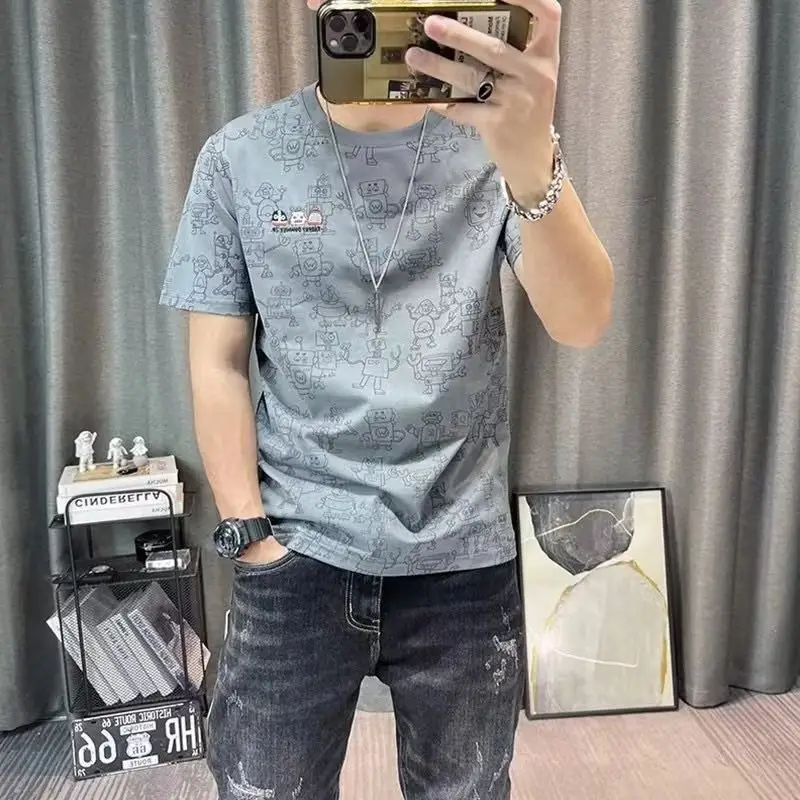 Men's Printed T-Shirt Dark Blue Round Neck Casual Wear