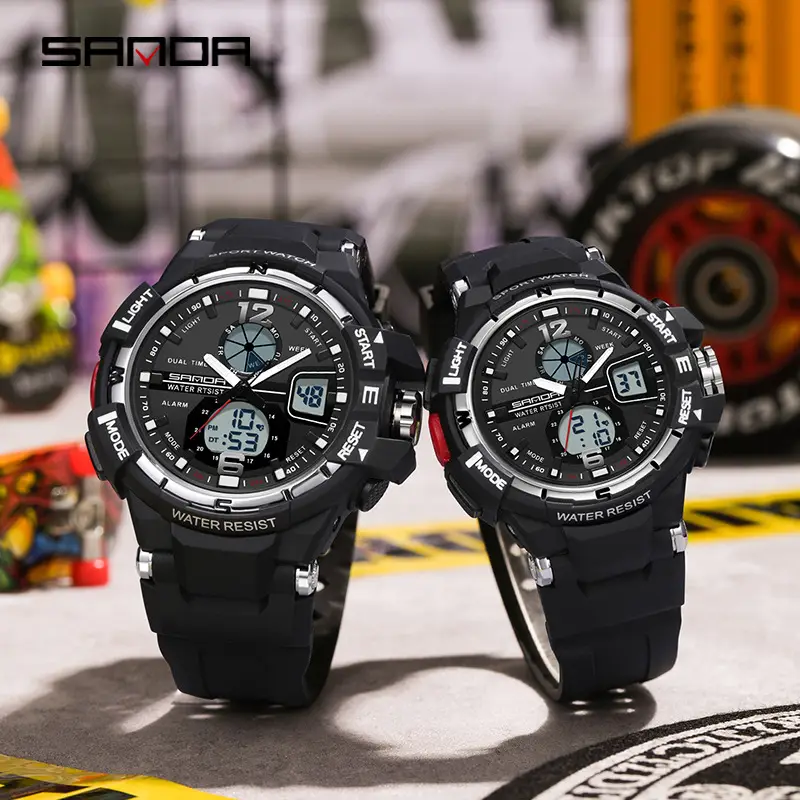 Trendy Sports Couple Watches for Men Women Black Blue Dual Display - Image 16