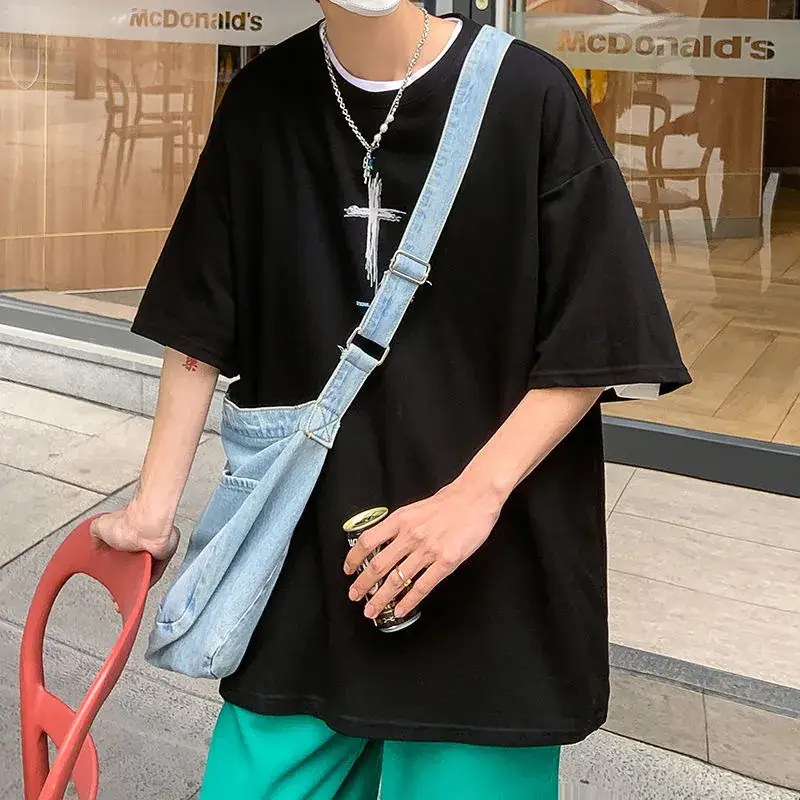 Men Crossbody Bag with Crossneck Strap Black Cotton