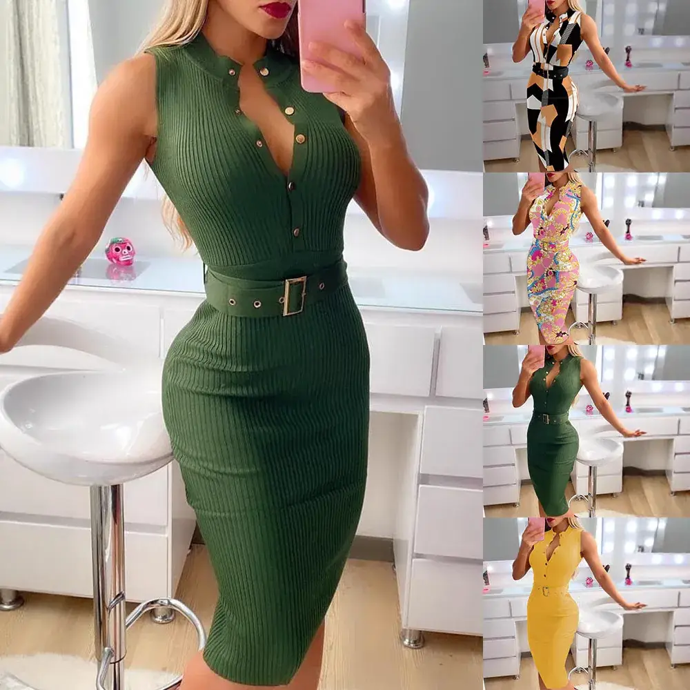 Women's Button Belted Body Con Fit Yellow Dress