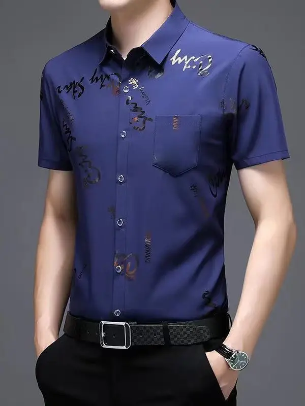 Men's Black Floral Half Sleeve Shirt Summer Ice Silk