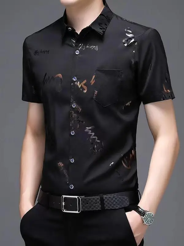 Men's Black Floral Half Sleeve Shirt Summer Ice Silk