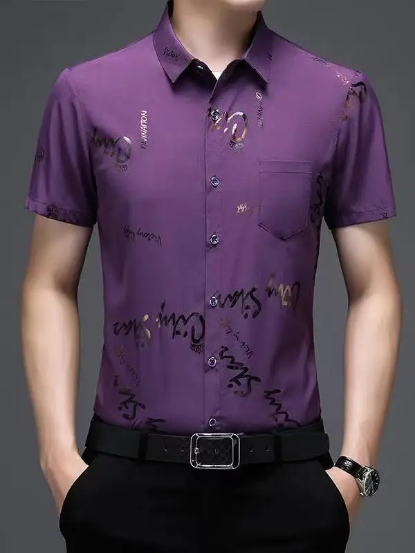 Men's Black Floral Half Sleeve Shirt Summer Ice Silk
