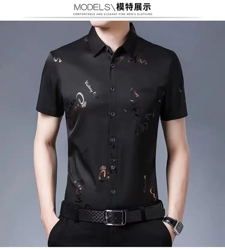 Men's Black Floral Half Sleeve Shirt Summer Ice Silk — feature 9