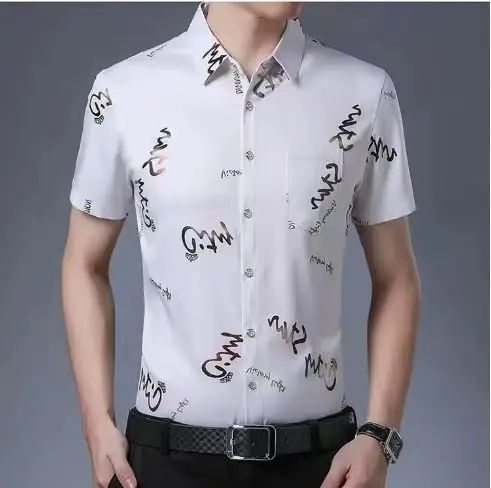 Men's Black Floral Half Sleeve Shirt Summer Ice Silk