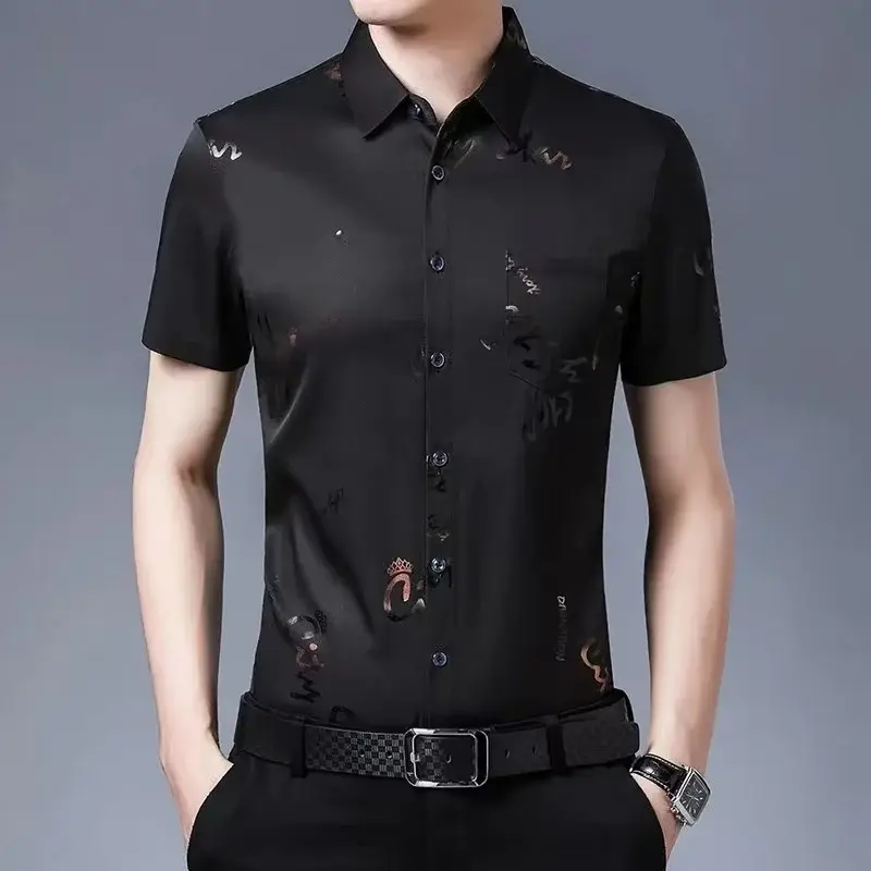 Men's Black Floral Half Sleeve Shirt Summer Ice Silk