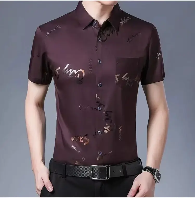 Men's Black Floral Half Sleeve Shirt Summer Ice Silk