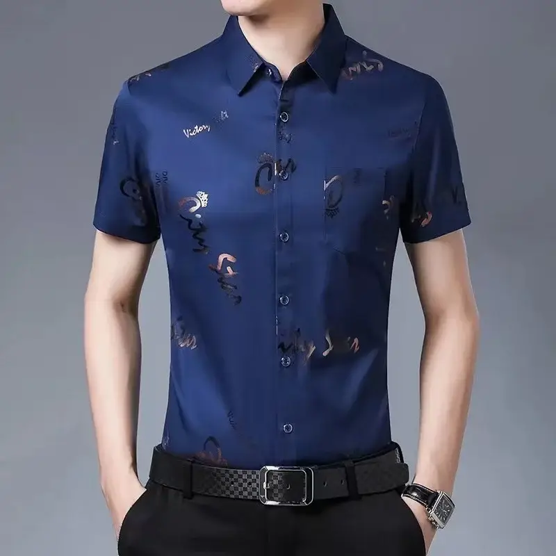 Men's Black Floral Half Sleeve Shirt Summer Ice Silk