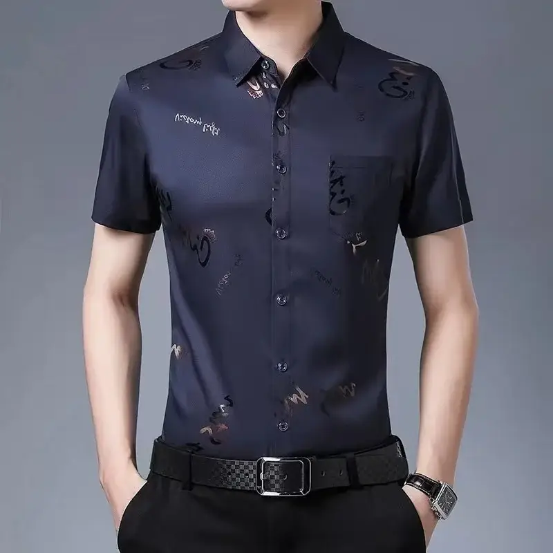 Men's Black Floral Half Sleeve Shirt Summer Ice Silk