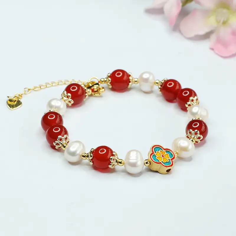 Red Pearl & Four Leaf Clover Bracelet for Women - Image 3