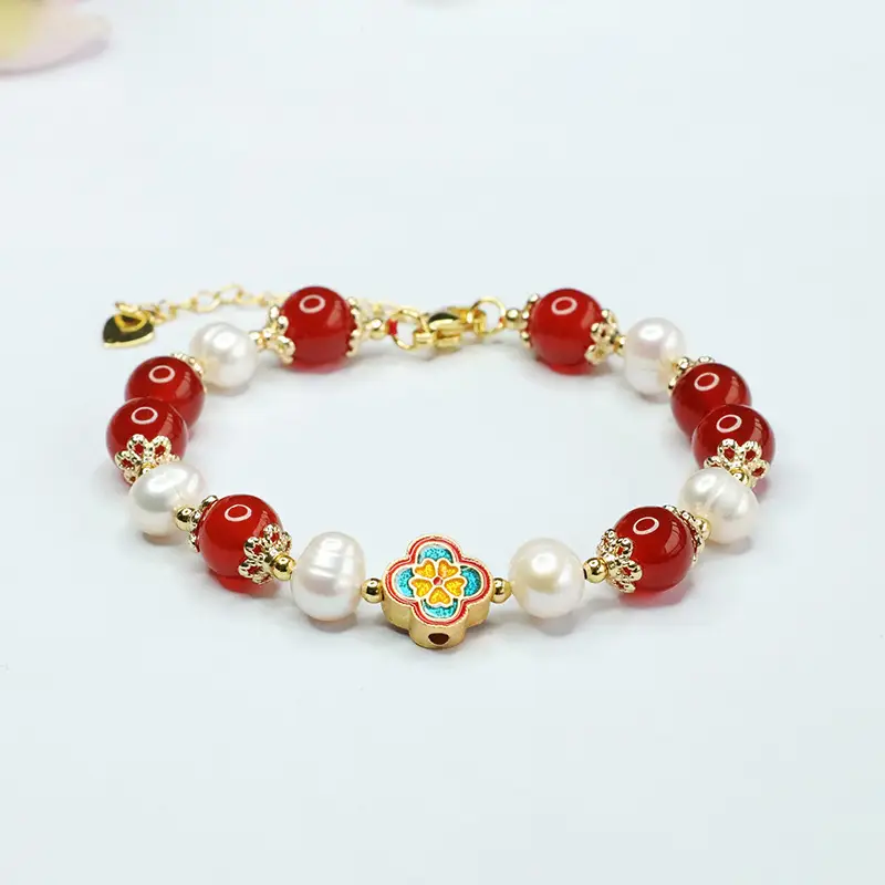 Red Pearl & Four Leaf Clover Bracelet for Women - Image 4