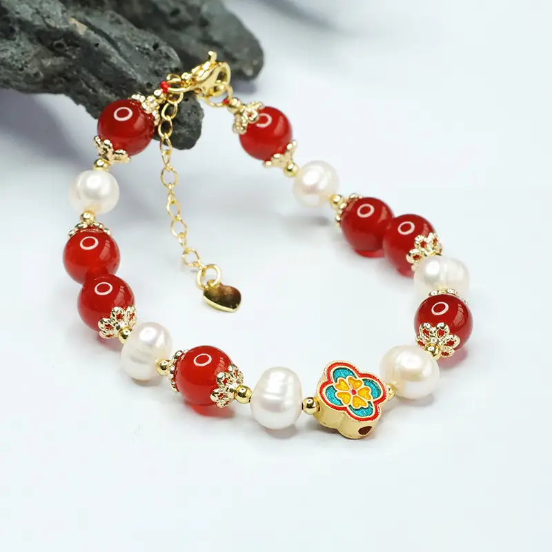 Red Pearl & Four Leaf Clover Bracelet for Women - Image 5