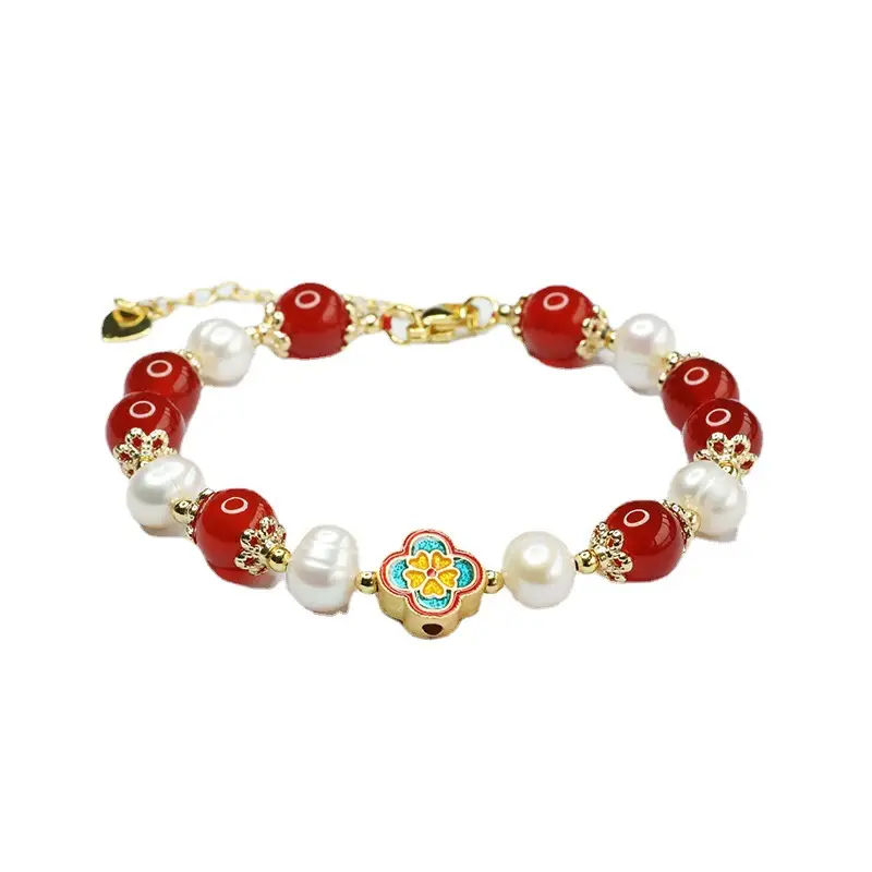 Red Pearl & Four Leaf Clover Bracelet for Women - Image 6