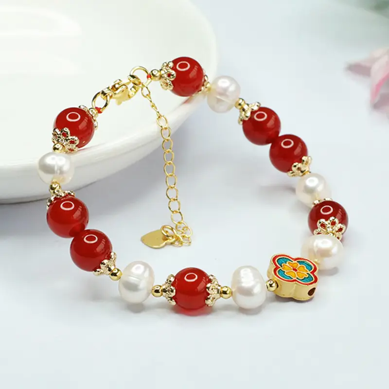 Red Pearl & Four Leaf Clover Bracelet for Women — feature 9