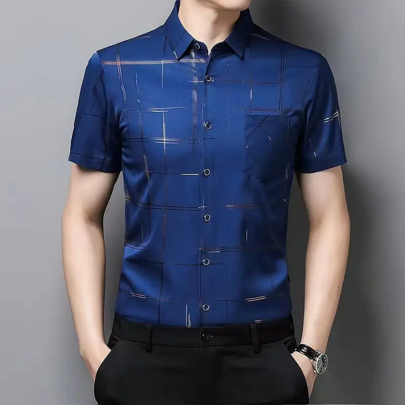 Men Blue Ice Silk Half Sleeve Shirt with Floral Print - Image 29
