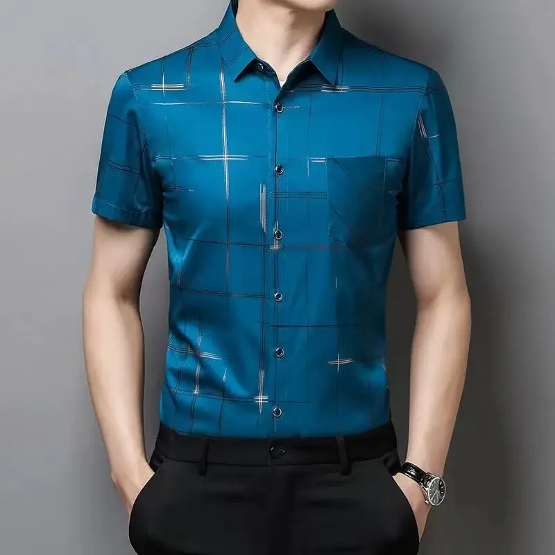 Men Blue Ice Silk Half Sleeve Shirt with Floral Print - Image 12