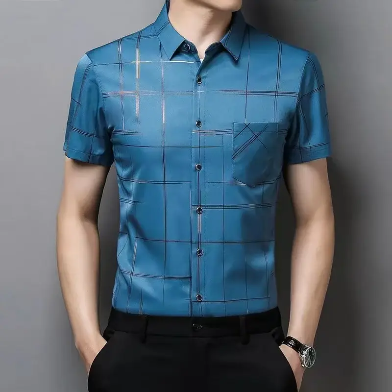 Men Blue Ice Silk Half Sleeve Shirt with Floral Print - Image 2