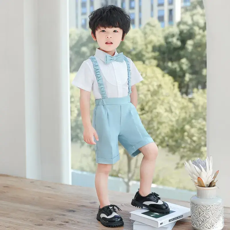 Boys' Summer Suspender Pants Set White Blue Beige - Image 8